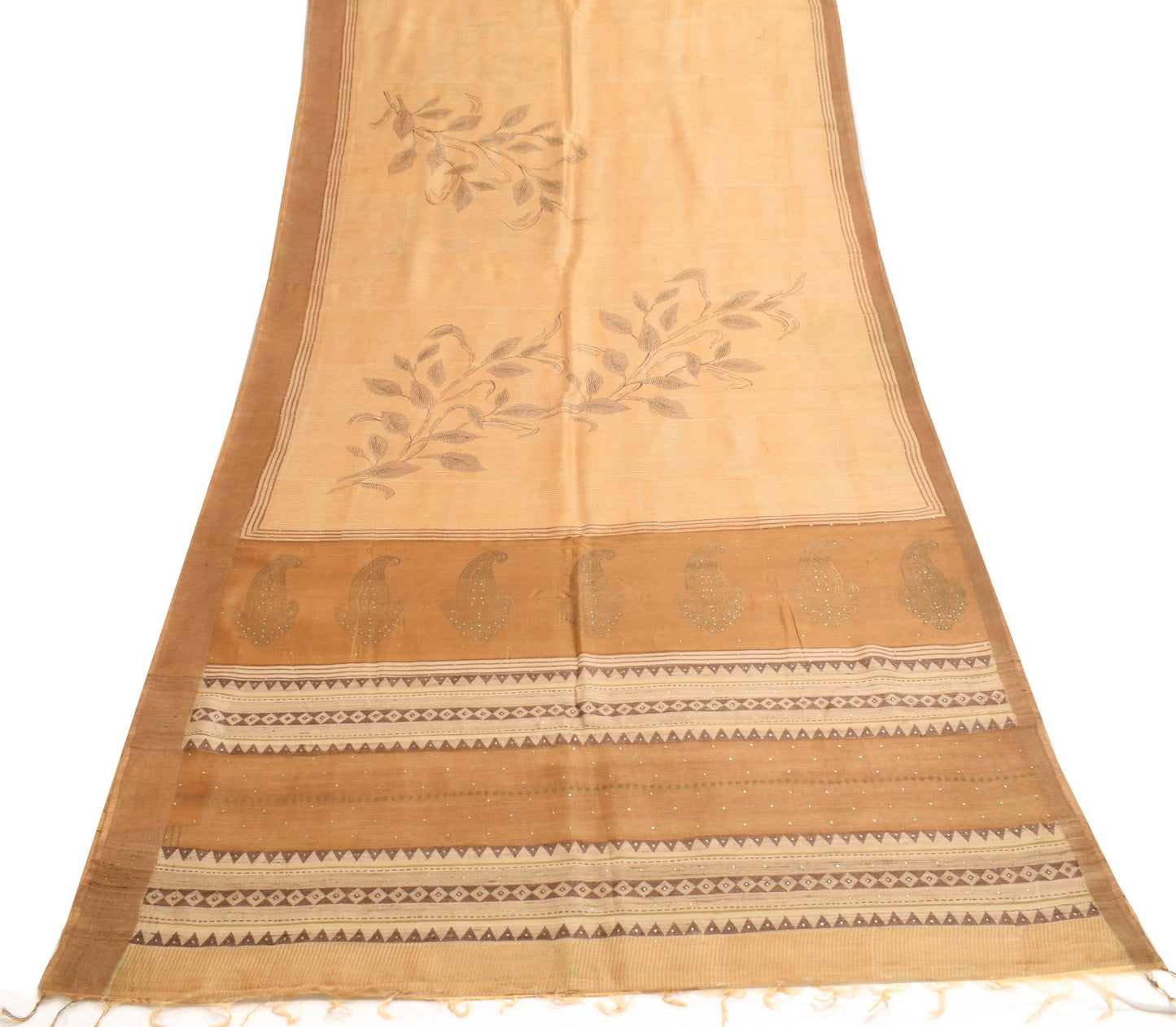 Sushila Vintage Beige Saree Pure Silk Hand Block Printed IndianSari Craft Fabric