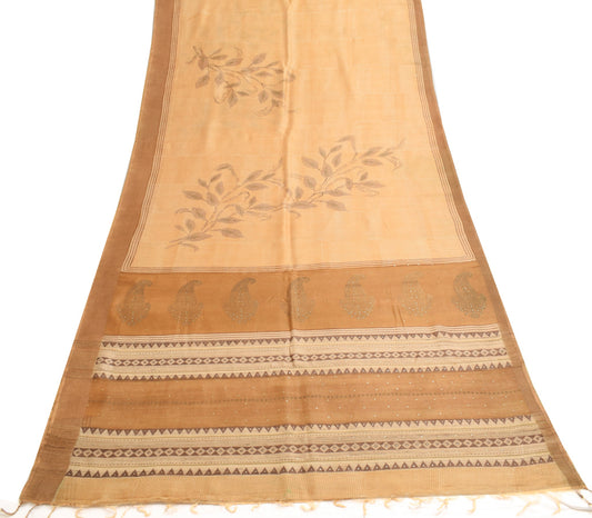 Sushila Vintage Beige Saree Pure Silk Hand Block Printed IndianSari Craft Fabric