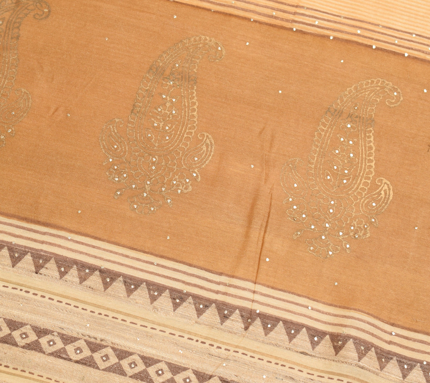 Sushila Vintage Beige Saree Pure Silk Hand Block Printed IndianSari Craft Fabric