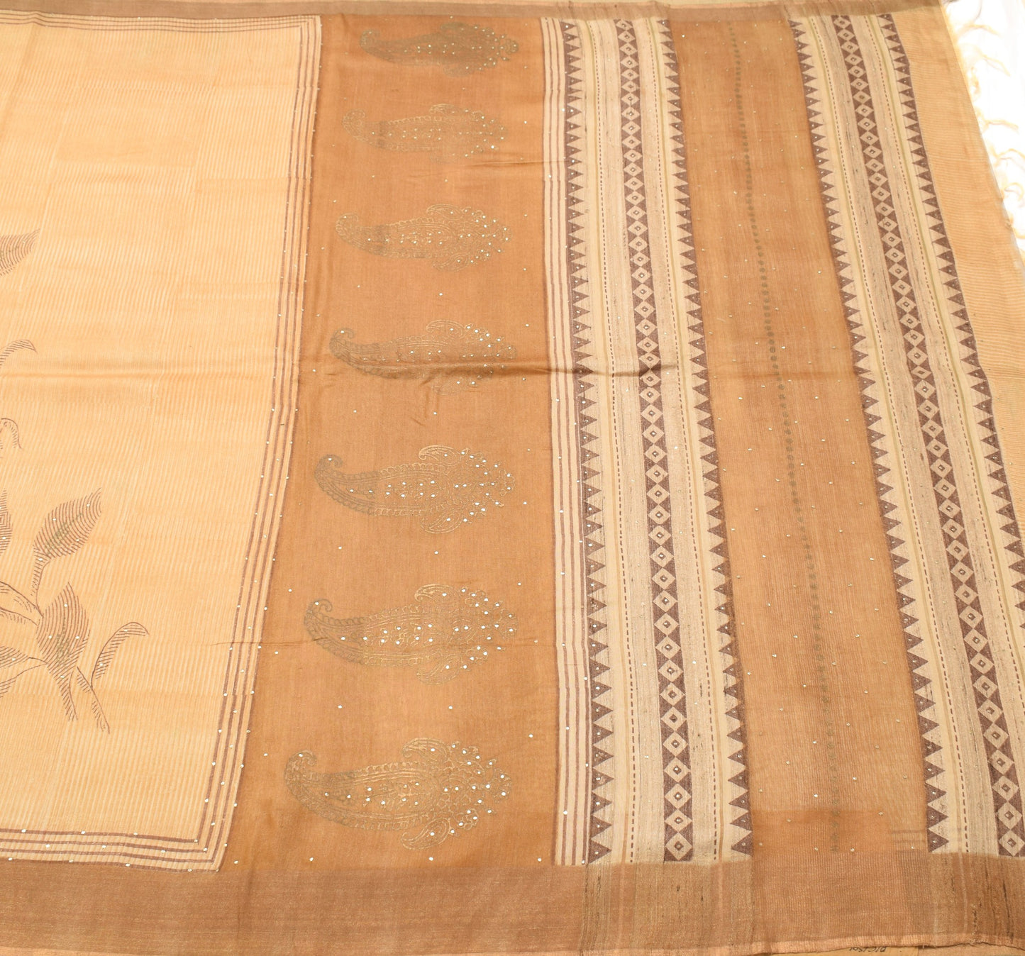 Sushila Vintage Beige Saree Pure Silk Hand Block Printed IndianSari Craft Fabric