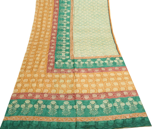 Sushila Vintage Hand Block Printed Saree Pure Tussar Silk MultiColor Sari Fabric