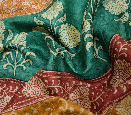 Sushila Vintage Hand Block Printed Saree Pure Tussar Silk MultiColor Sari Fabric