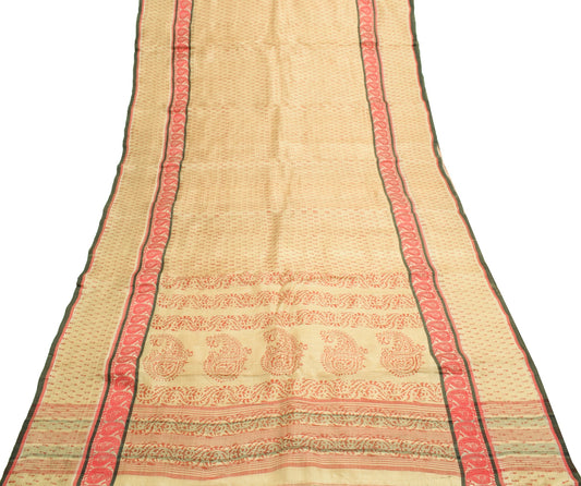 Sushila Vintage Cream Saree Pure Tussar Silk Hand Block Printed 5 Yd Sari Fabric