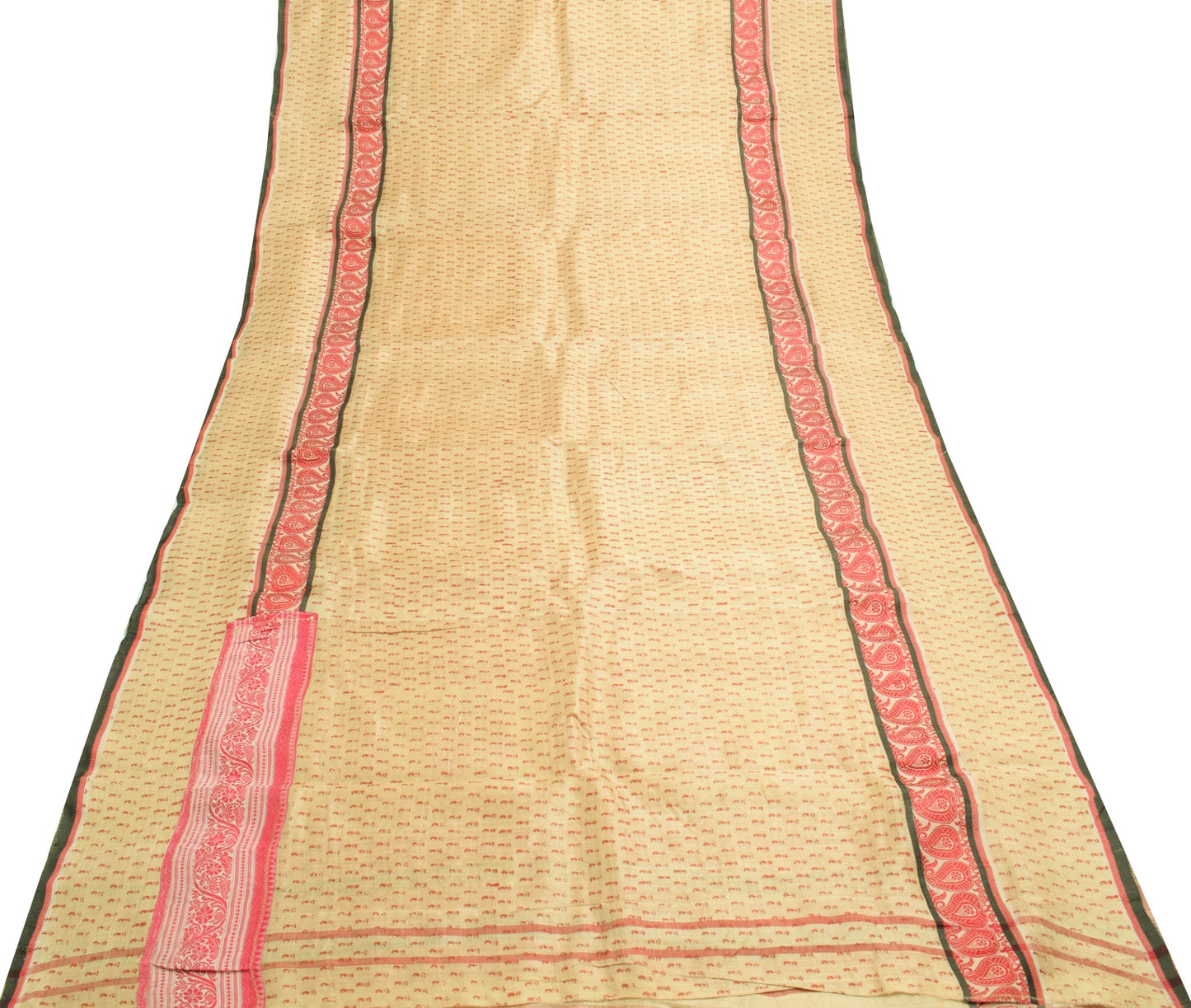 Sushila Vintage Cream Saree Pure Tussar Silk Hand Block Printed 5 Yd Sari Fabric
