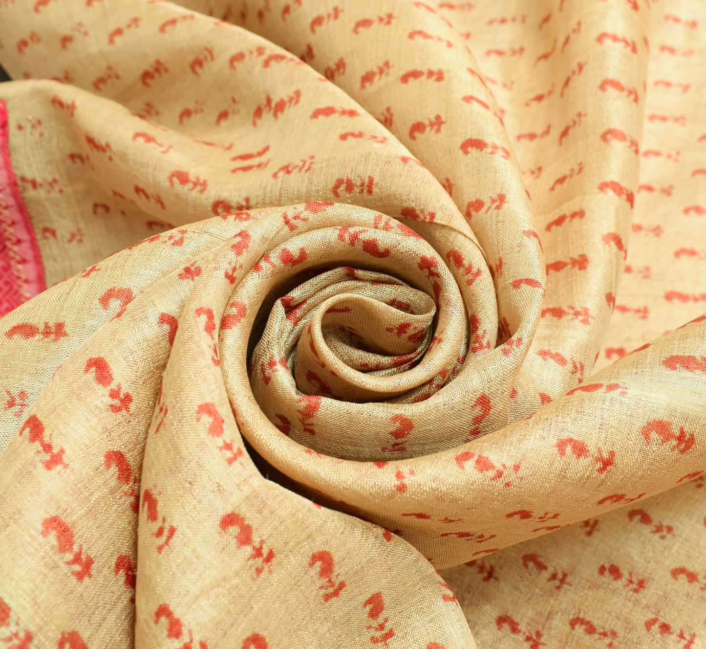 Sushila Vintage Cream Saree Pure Tussar Silk Hand Block Printed 5 Yd Sari Fabric