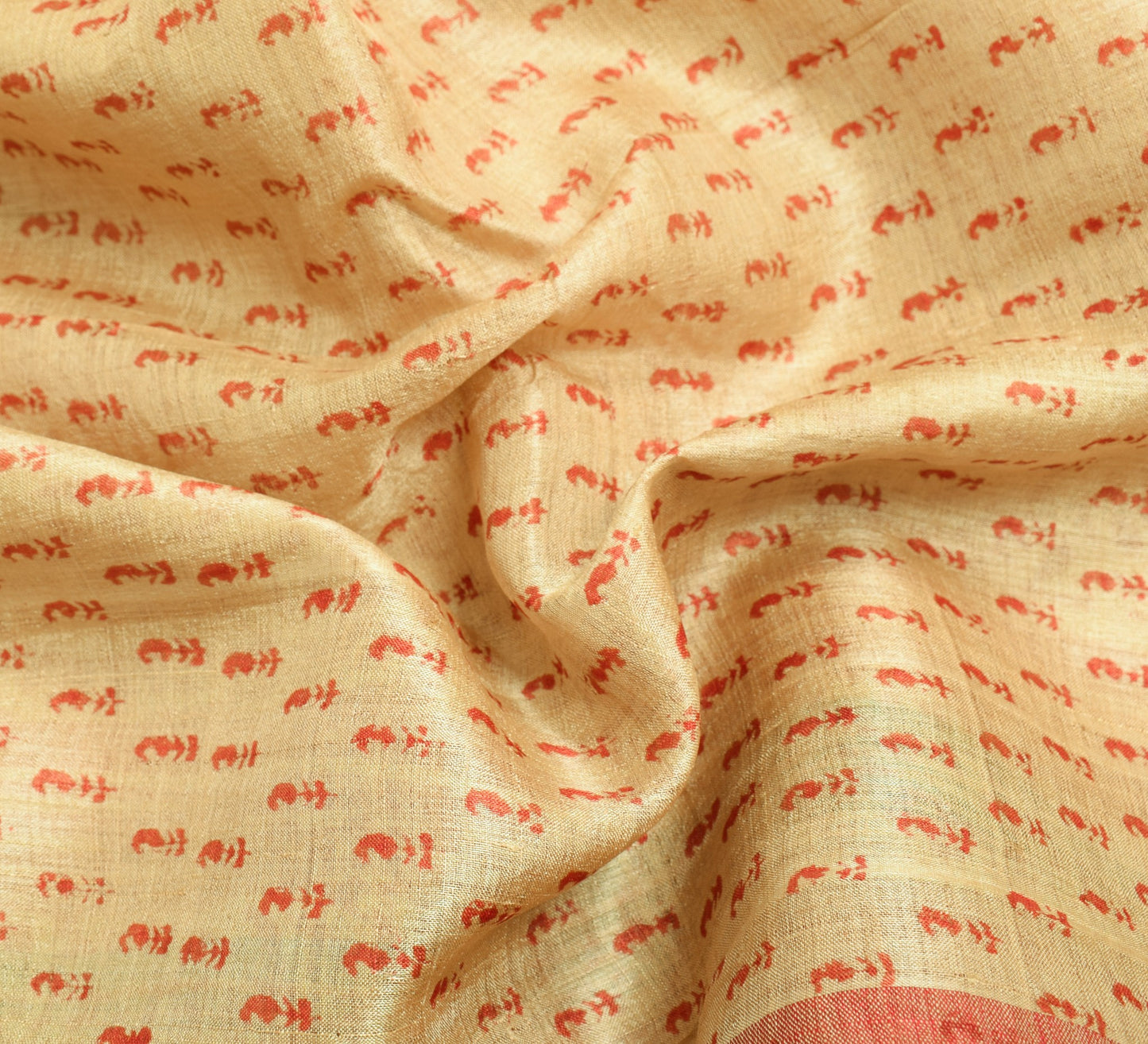 Sushila Vintage Cream Saree Pure Tussar Silk Hand Block Printed 5 Yd Sari Fabric