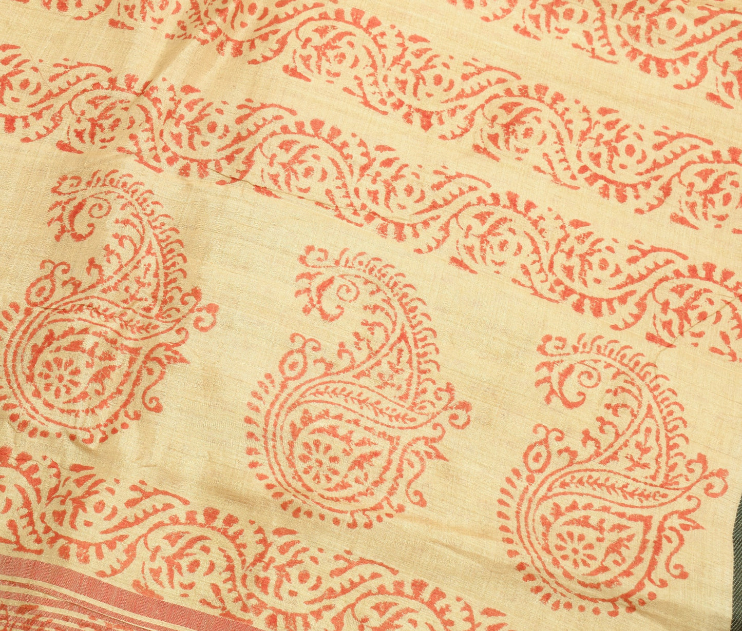 Sushila Vintage Cream Saree Pure Tussar Silk Hand Block Printed 5 Yd Sari Fabric