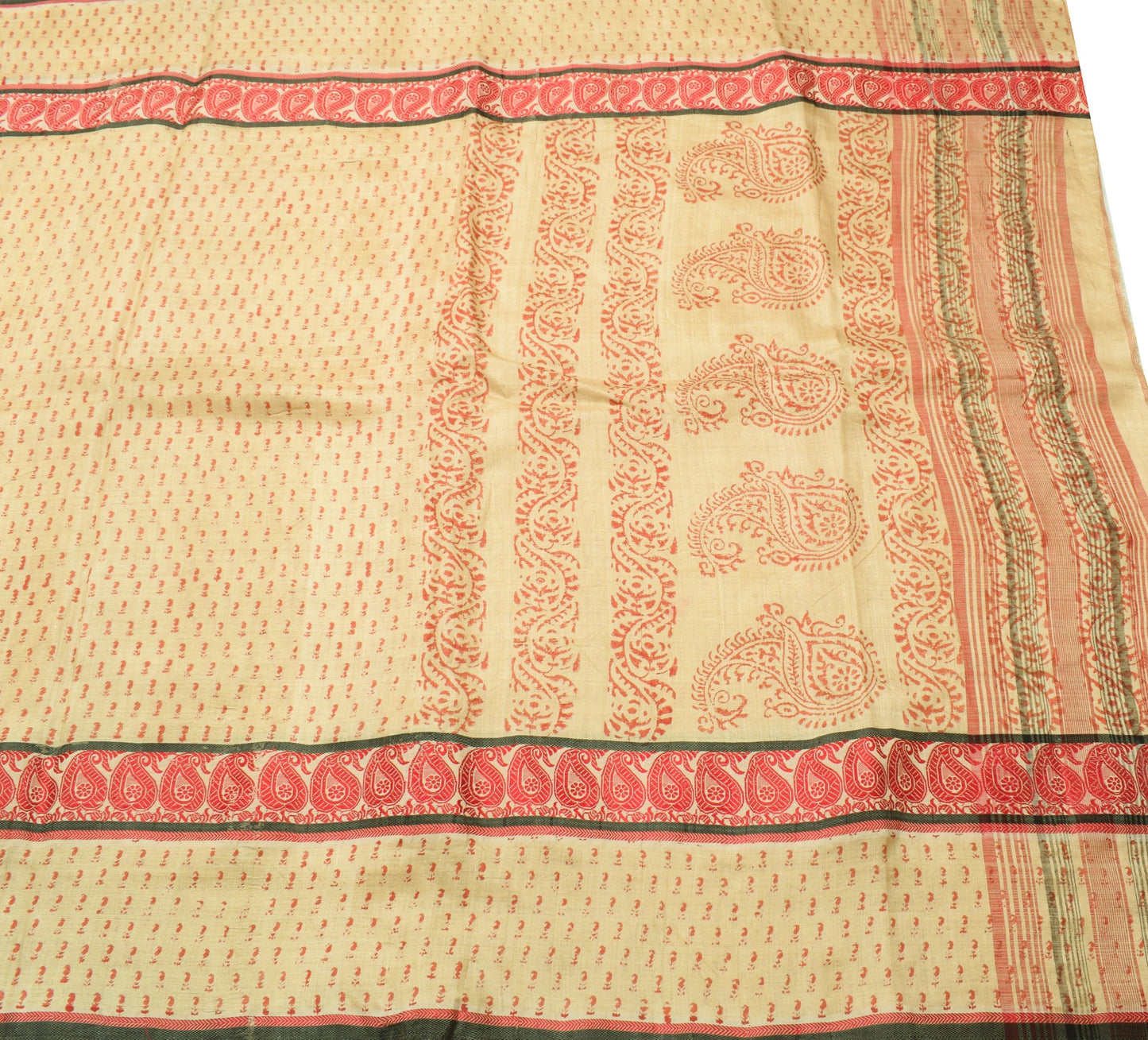 Sushila Vintage Cream Saree Pure Tussar Silk Hand Block Printed 5 Yd Sari Fabric