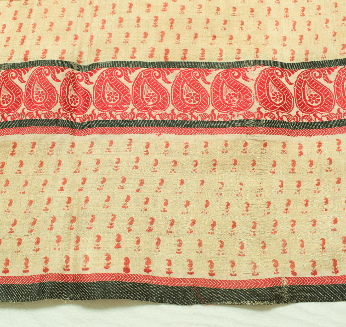 Sushila Vintage Cream Saree Pure Tussar Silk Hand Block Printed 5 Yd Sari Fabric
