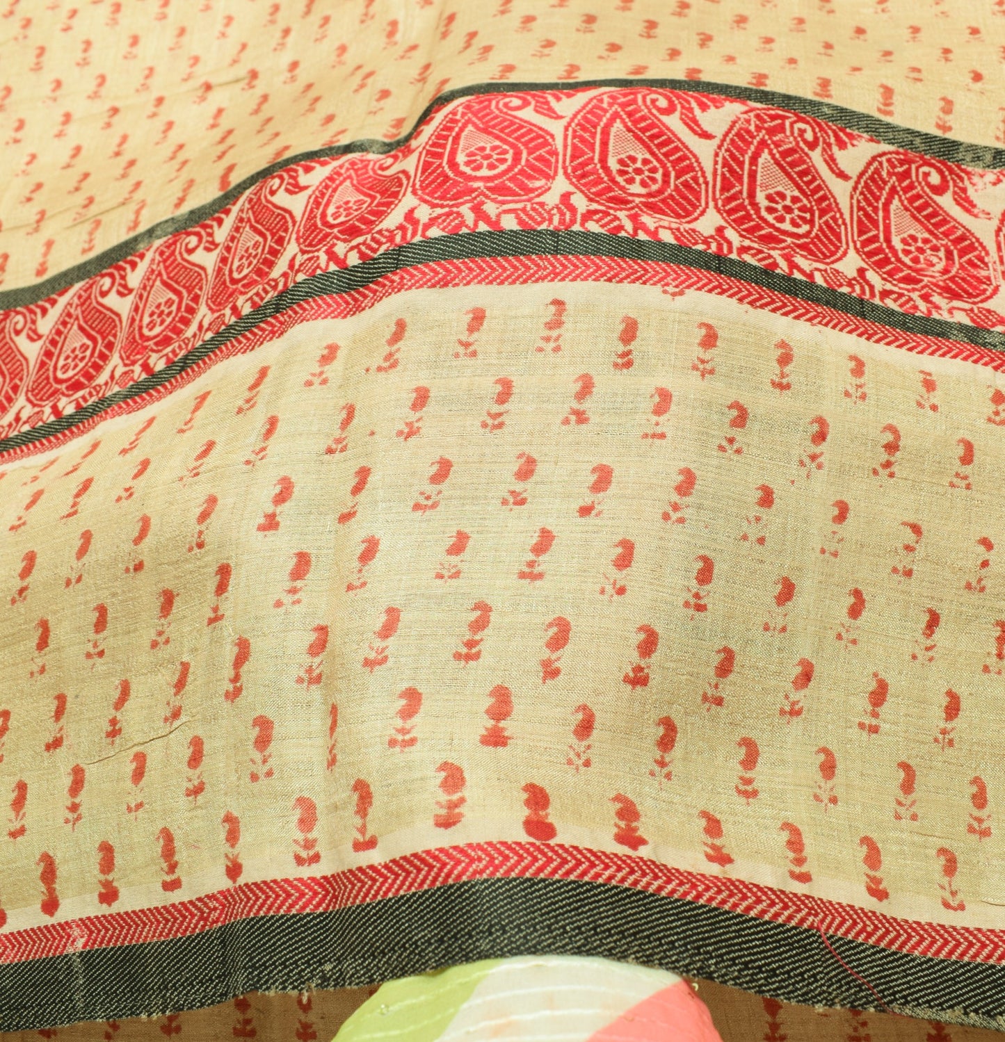 Sushila Vintage Cream Saree Pure Tussar Silk Hand Block Printed 5 Yd Sari Fabric