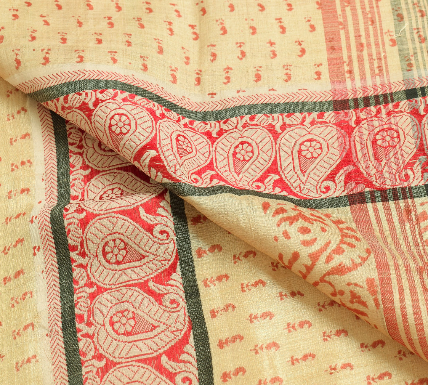Sushila Vintage Cream Saree Pure Tussar Silk Hand Block Printed 5 Yd Sari Fabric