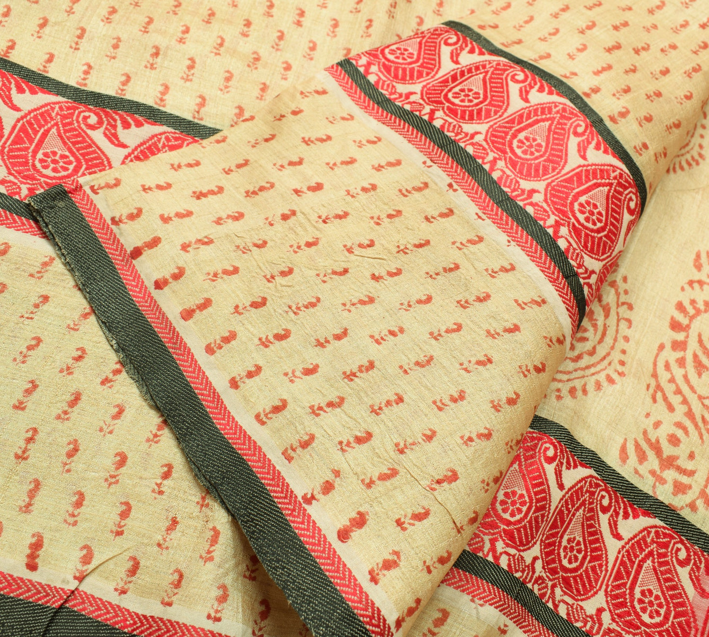 Sushila Vintage Cream Saree Pure Tussar Silk Hand Block Printed 5 Yd Sari Fabric