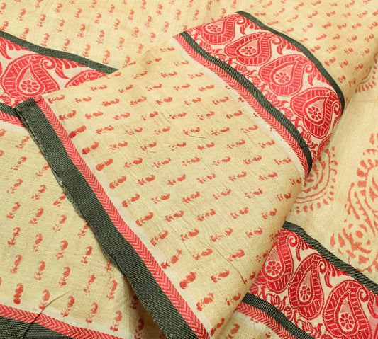 Sushila Vintage Cream Saree Pure Tussar Silk Hand Block Printed 5 Yd Sari Fabric