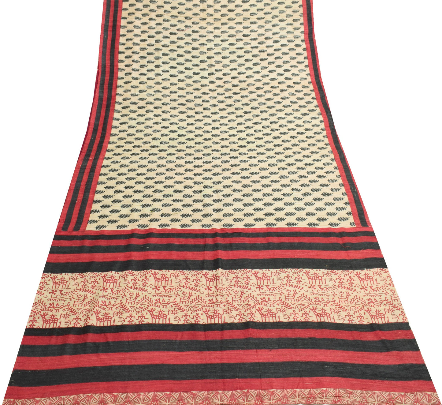 Sushila Vintage Pure Khadi Silk Saree Cream Printed & Woven Handloom Sari Fabric