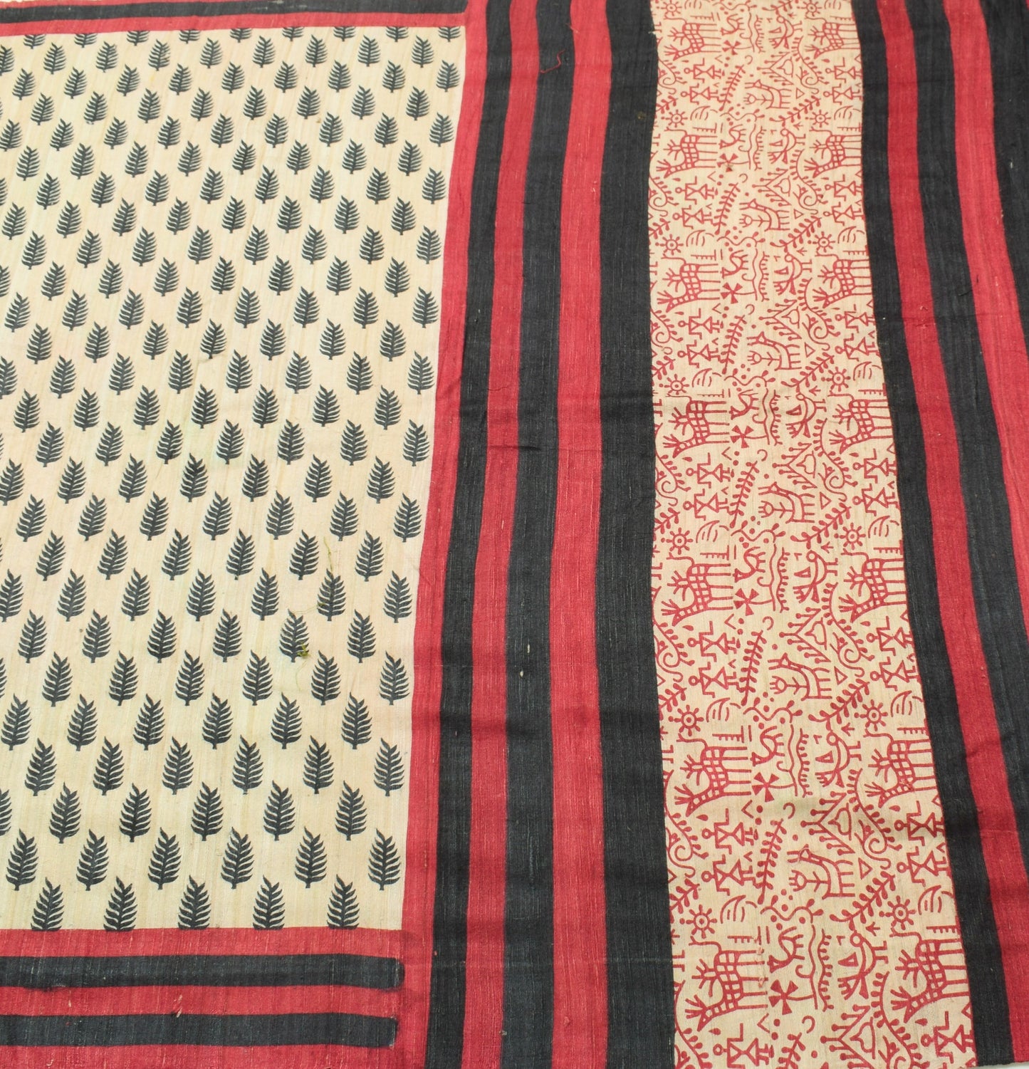 Sushila Vintage Pure Khadi Silk Saree Cream Printed & Woven Handloom Sari Fabric