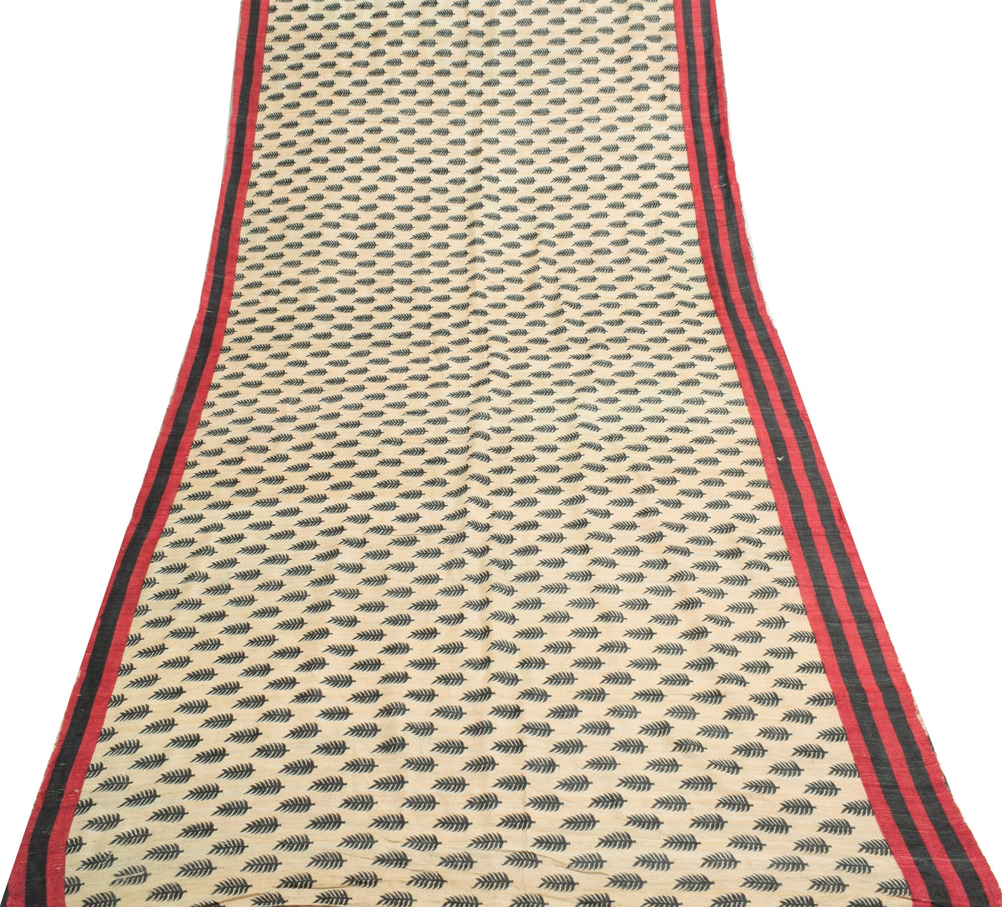 Sushila Vintage Pure Khadi Silk Saree Cream Printed & Woven Handloom Sari Fabric
