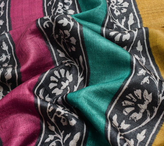 Sushila Vintage Multi-Color Saree Pure Tussar Silk Hand Block Print Sari Fabric
