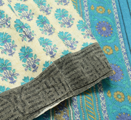 Sushila Vintage Cream Saree 100% Pure Woolen Soft Printed & Woven Sari Fabric