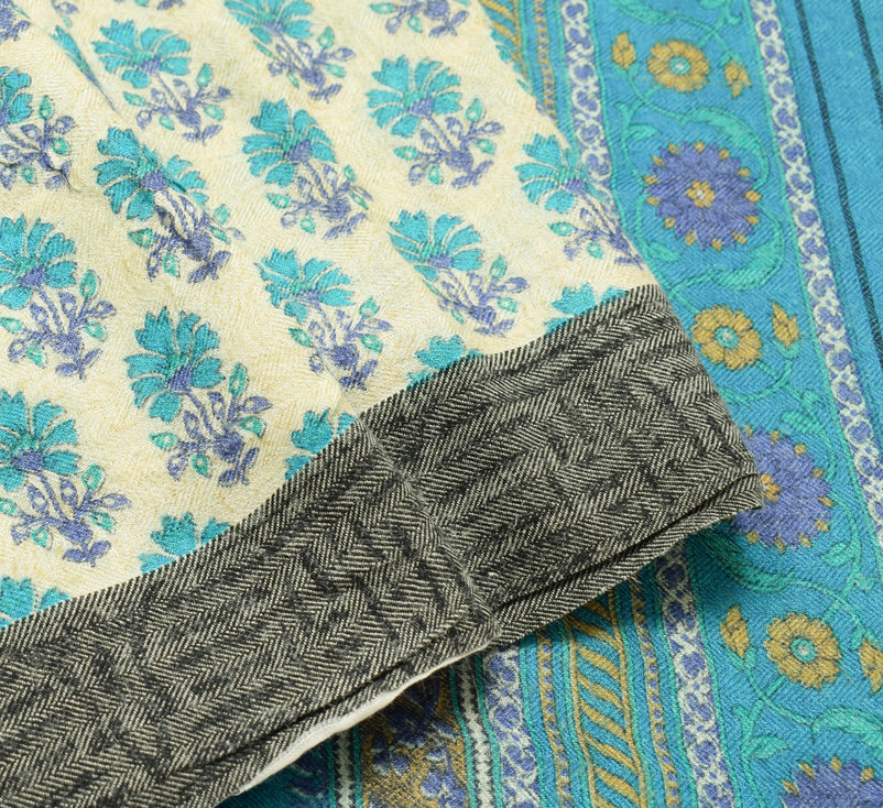 Sushila Vintage Cream Saree 100% Pure Woolen Soft Printed & Woven Sari Fabric