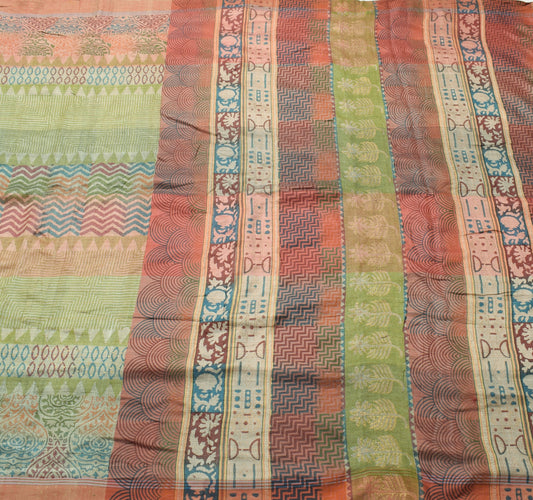 Sushila Vintage Multi-Color Saree 100%Pure Woolen Hand Block Printed Sari Fabric