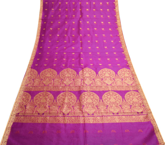 Sushila Vintage Pure Cotton Saree with Peacock Motifs Magenta Indian Sari Fabric