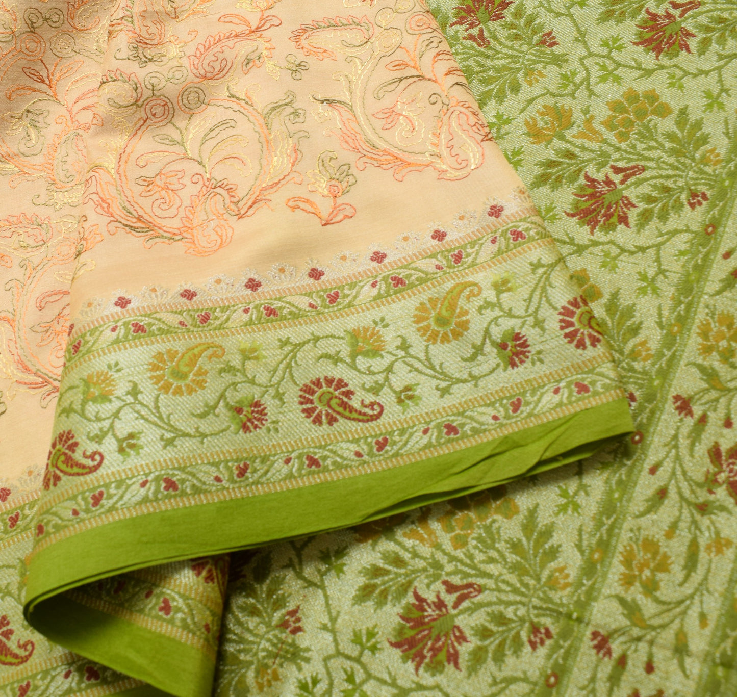 Sushila Vintage Beige Saree Woven Embroidered Pure Tussar Silk Soft Sari Fabric