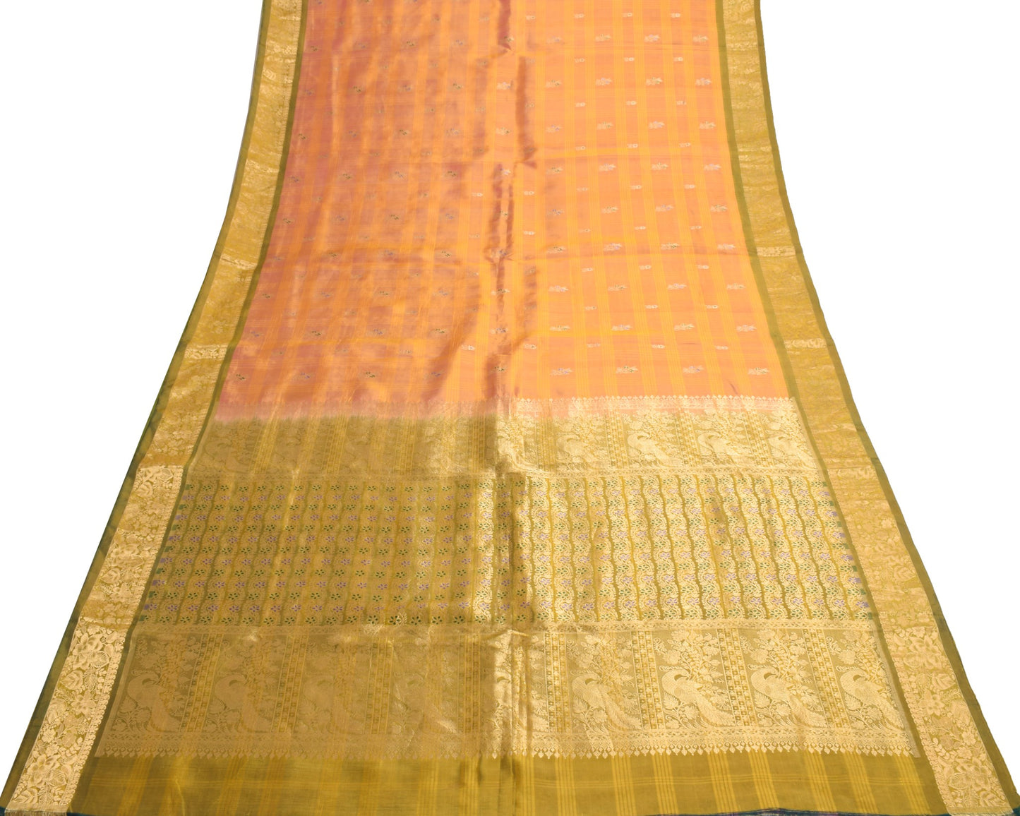 Sushila Vintage Pink Orange Saree Pure Silk Woven Zari Kanjeevaram Sari Fabric