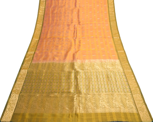 Sushila Vintage Pink Orange Saree Pure Silk Woven Zari Kanjeevaram Sari Fabric