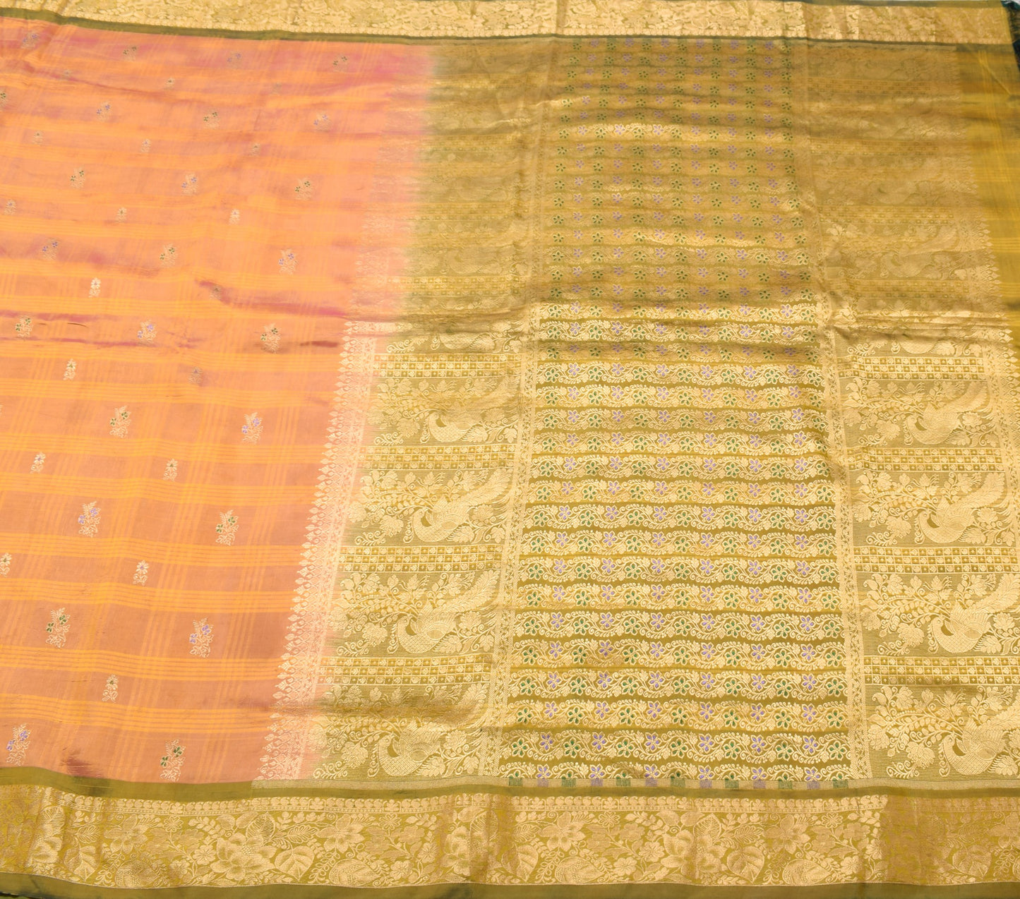 Sushila Vintage Pink Orange Saree Pure Silk Woven Zari Kanjeevaram Sari Fabric