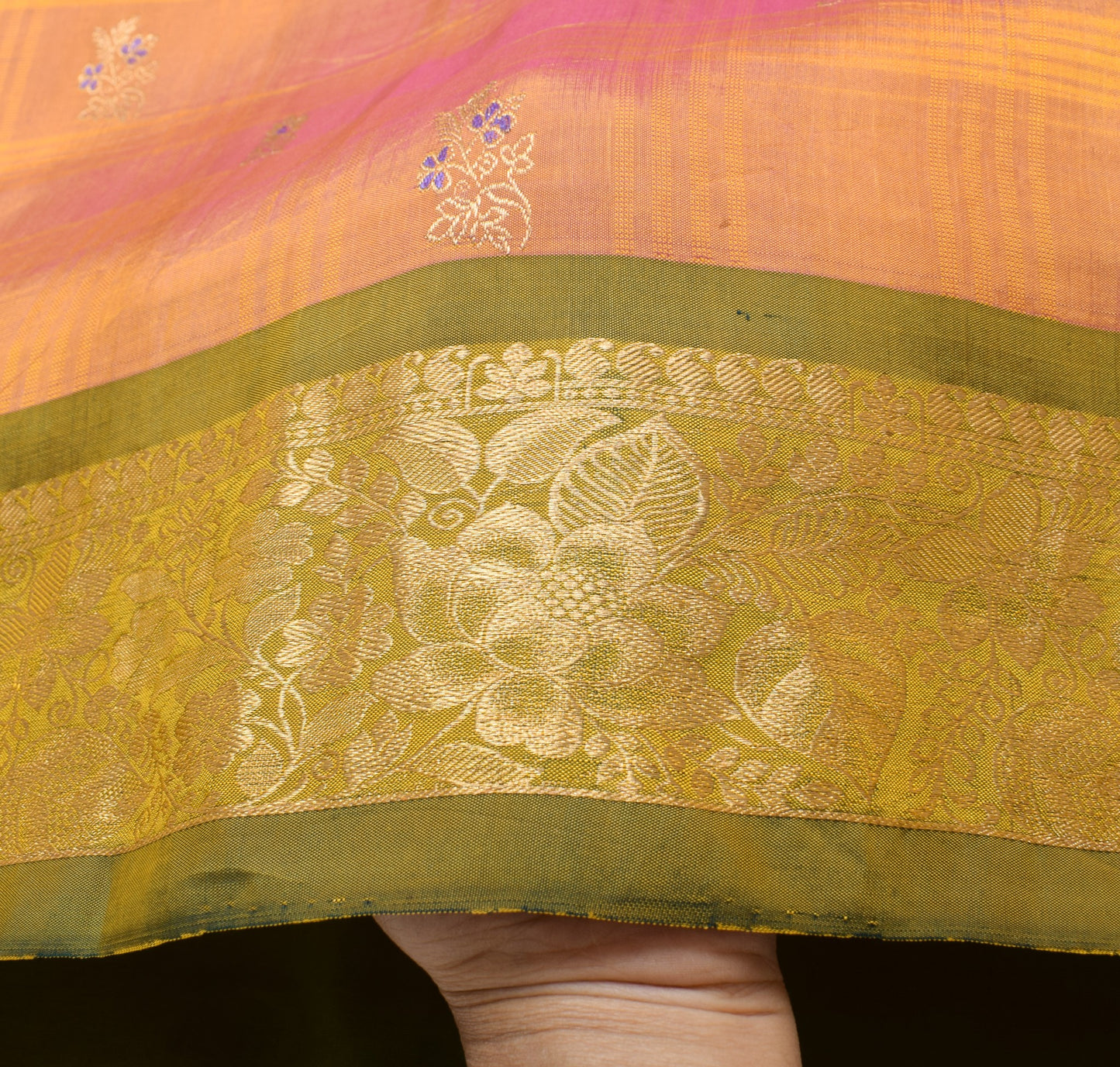 Sushila Vintage Pink Orange Saree Pure Silk Woven Zari Kanjeevaram Sari Fabric