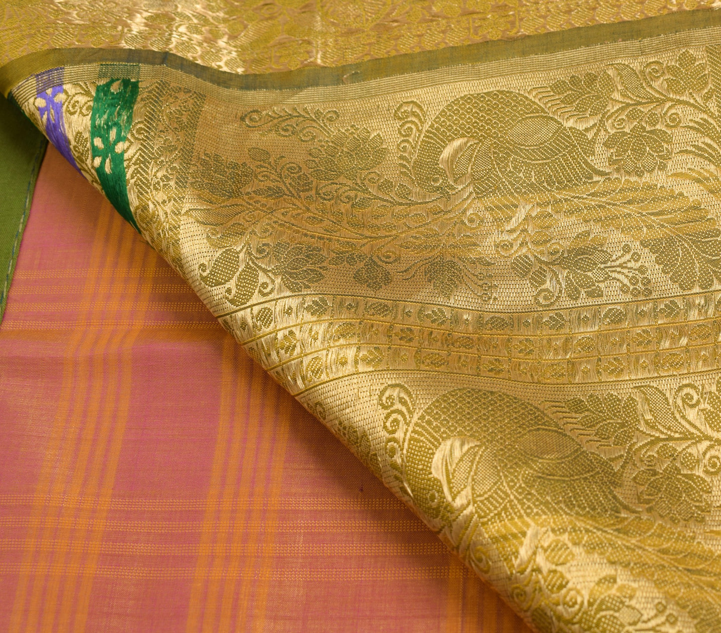 Sushila Vintage Pink Orange Saree Pure Silk Woven Zari Kanjeevaram Sari Fabric