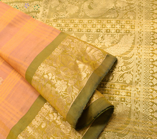 Sushila Vintage Pink Orange Saree Pure Silk Woven Zari Kanjeevaram Sari Fabric