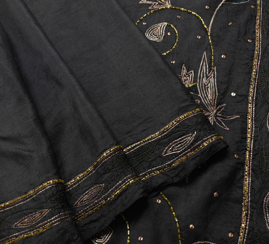 Sushila Vintage Black Pure Silk Saree Glass Beads Embellish Sari Craft Fabric