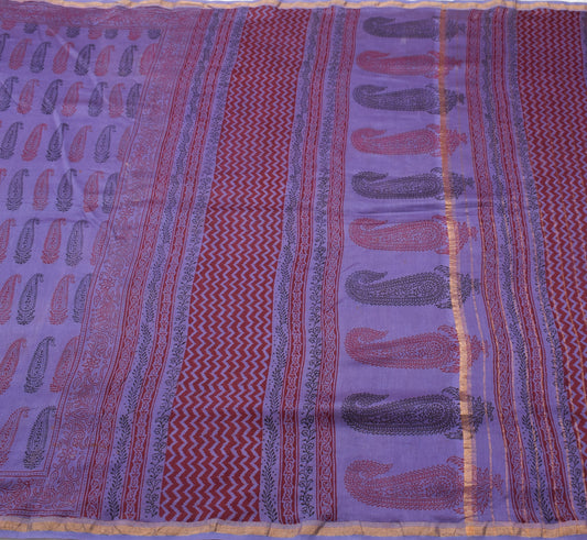 Sushila Vintage Purple Saree Pure Cotton Hand Block Printed Soft Sari Fabric