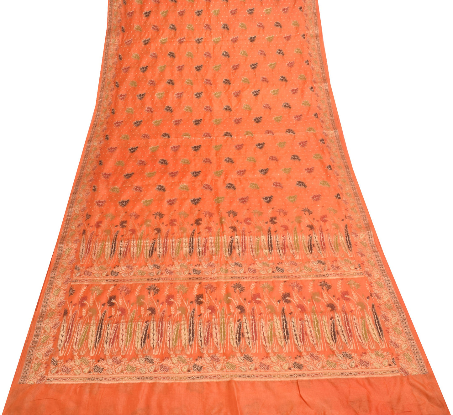 Sushila Vintage Orange Floral Saree Pure Tussar Silk All Over Woven Sari Fabric