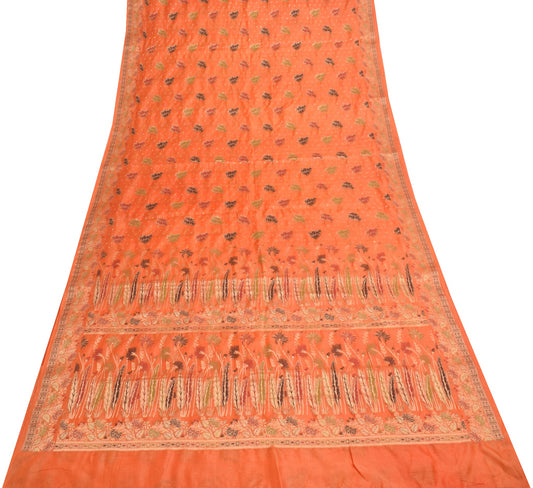 Sushila Vintage Orange Floral Saree Pure Tussar Silk All Over Woven Sari Fabric