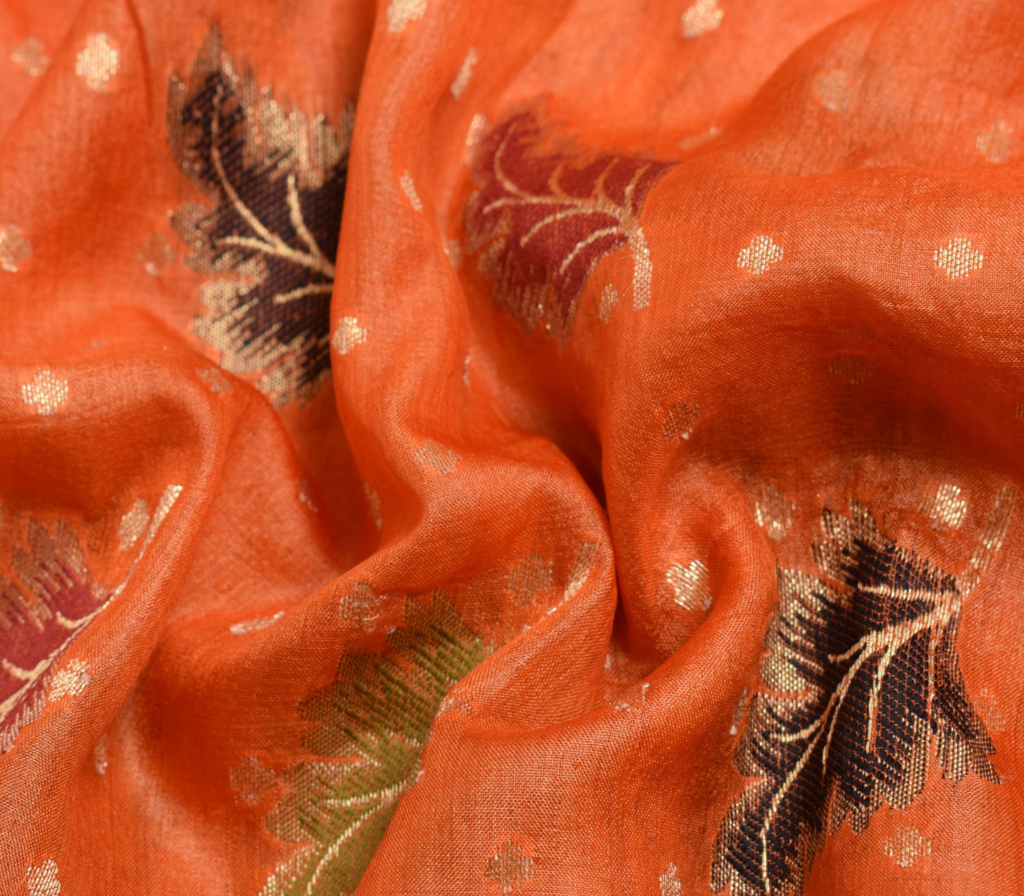 Sushila Vintage Orange Floral Saree Pure Tussar Silk All Over Woven Sari Fabric