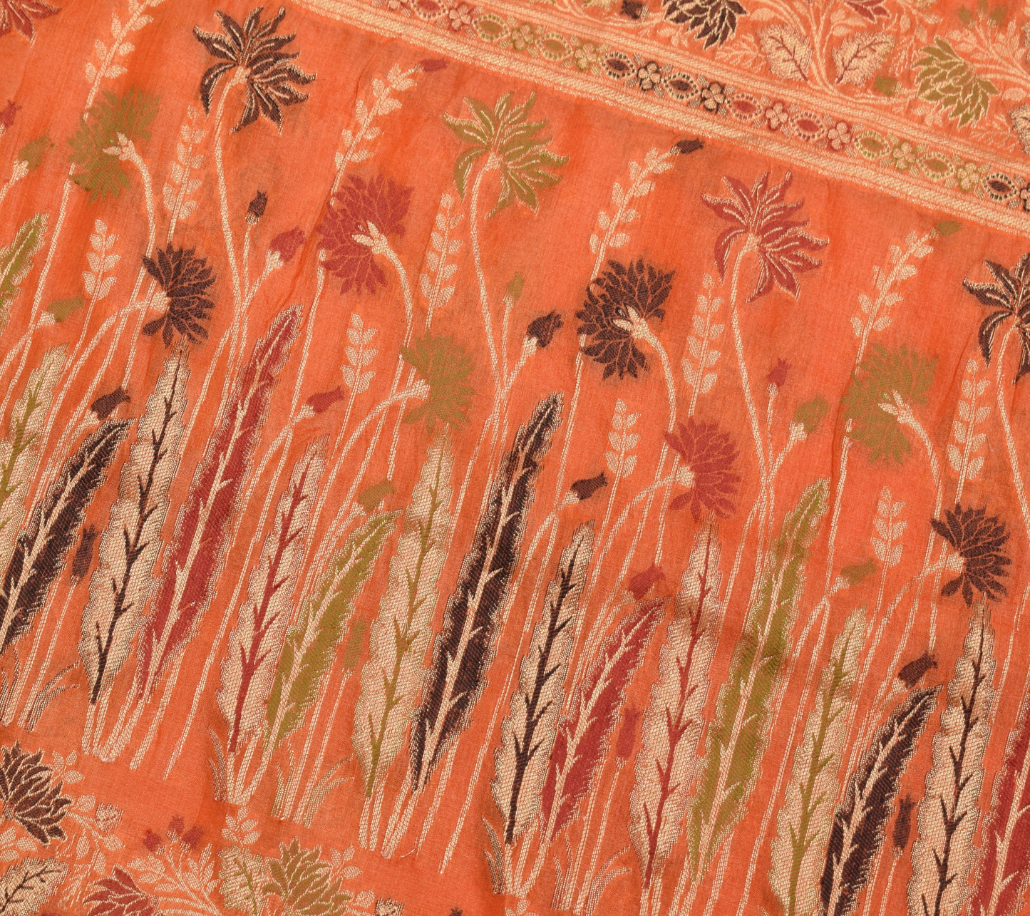 Sushila Vintage Orange Floral Saree Pure Tussar Silk All Over Woven Sari Fabric
