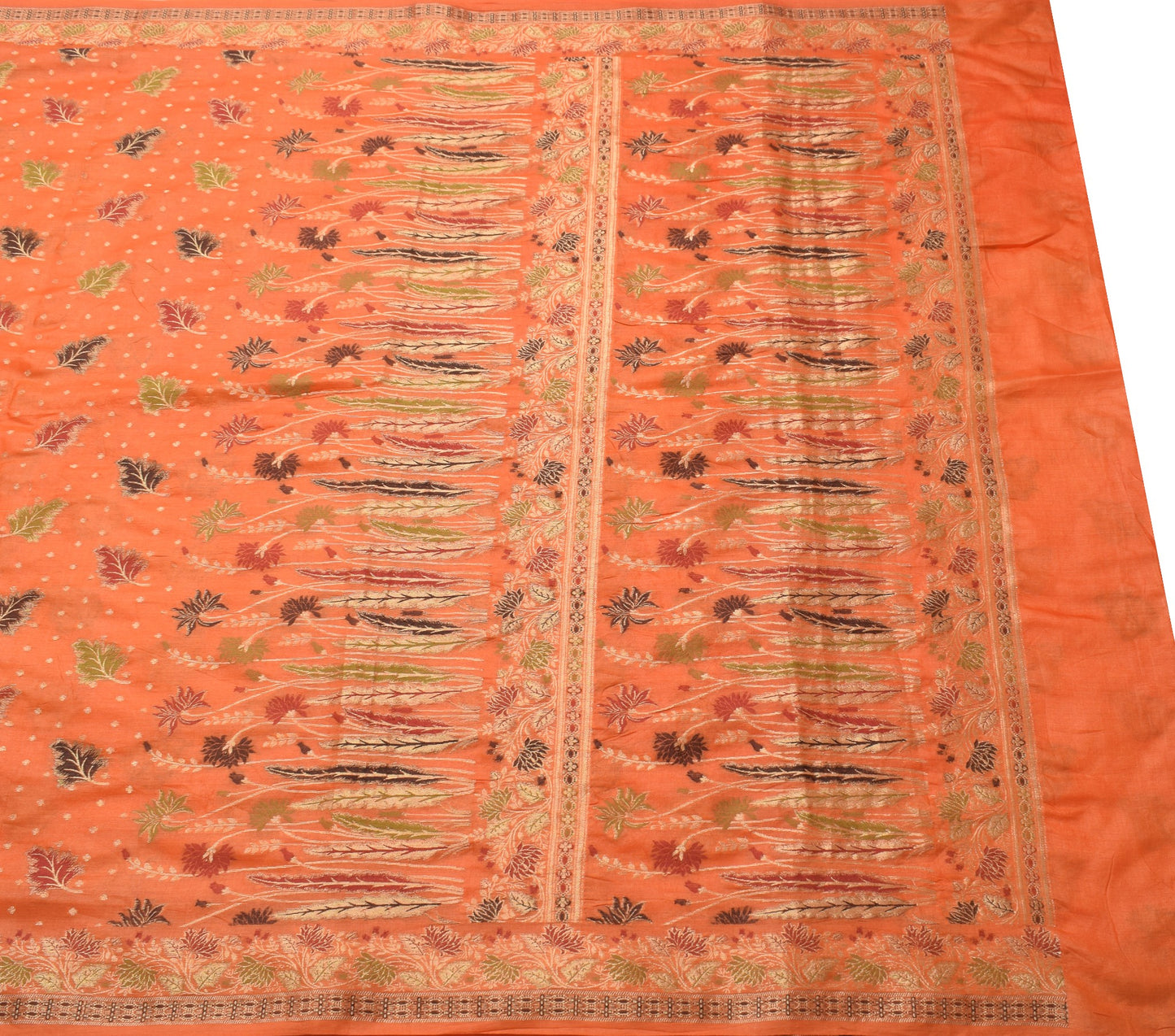 Sushila Vintage Orange Floral Saree Pure Tussar Silk All Over Woven Sari Fabric