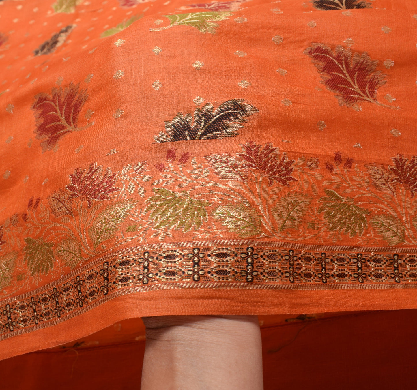 Sushila Vintage Orange Floral Saree Pure Tussar Silk All Over Woven Sari Fabric
