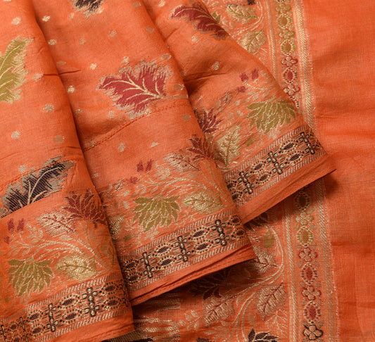 Sushila Vintage Orange Floral Saree Pure Tussar Silk All Over Woven Sari Fabric
