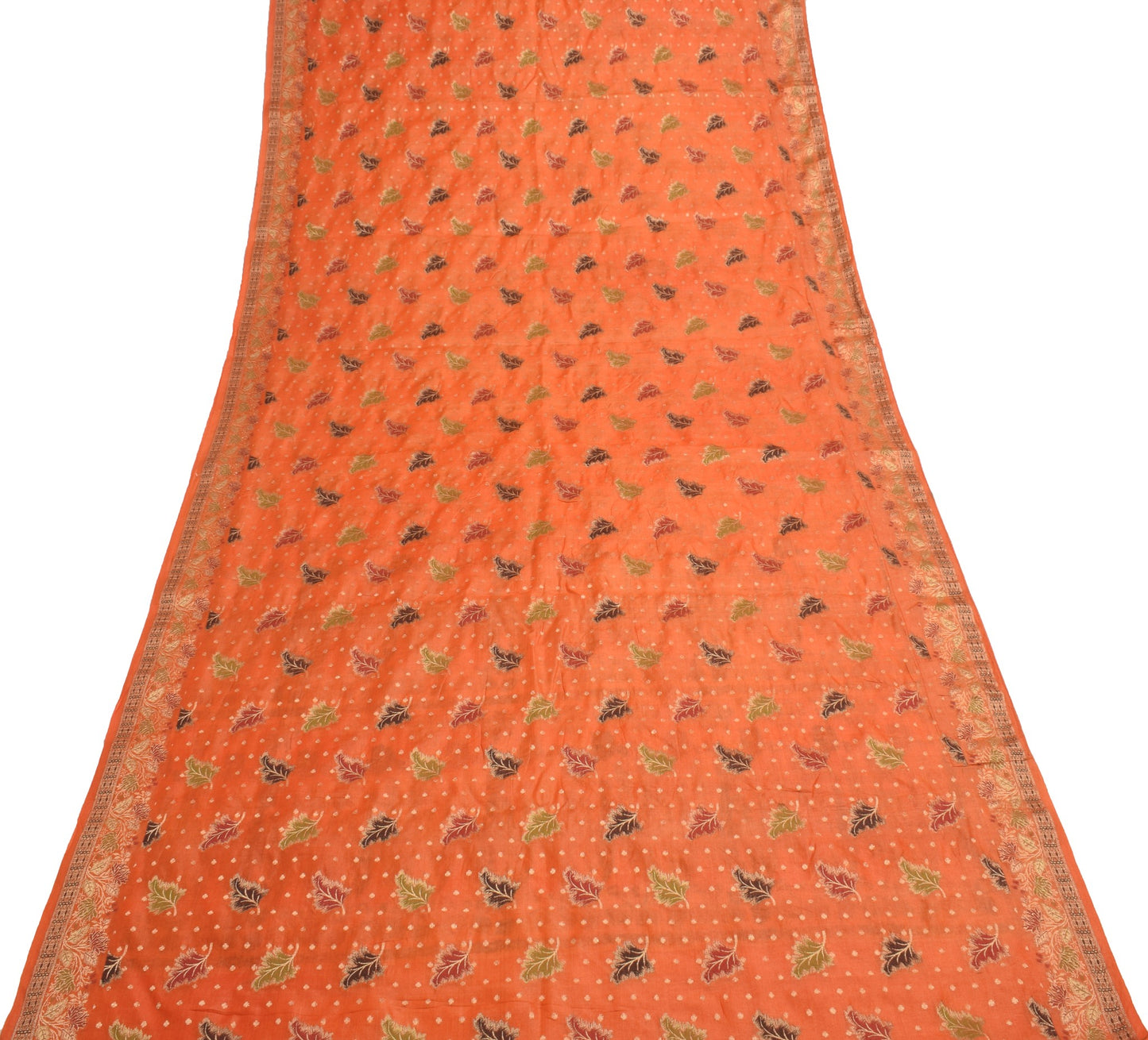 Sushila Vintage Orange Floral Saree Pure Tussar Silk All Over Woven Sari Fabric