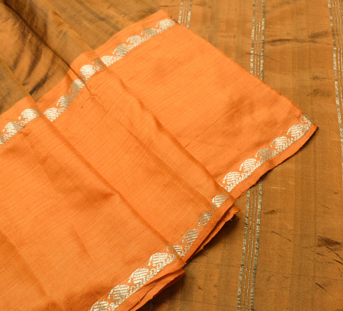 Sushila Vintage Rust Saree With Orange Border Pure Silk Woven Soft Sari Fabric