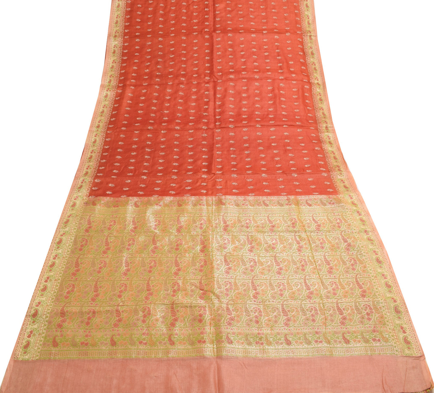 Sushila Vintage Pure Tussar Silk Saree Woven Embroidered Rust Indian Sari Fabric