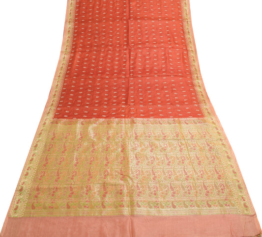 Sushila Vintage Pure Tussar Silk Saree Woven Embroidered Rust Indian Sari Fabric