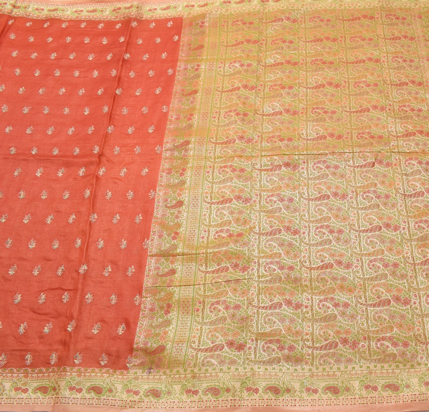 Sushila Vintage Pure Tussar Silk Saree Woven Embroidered Rust Indian Sari Fabric