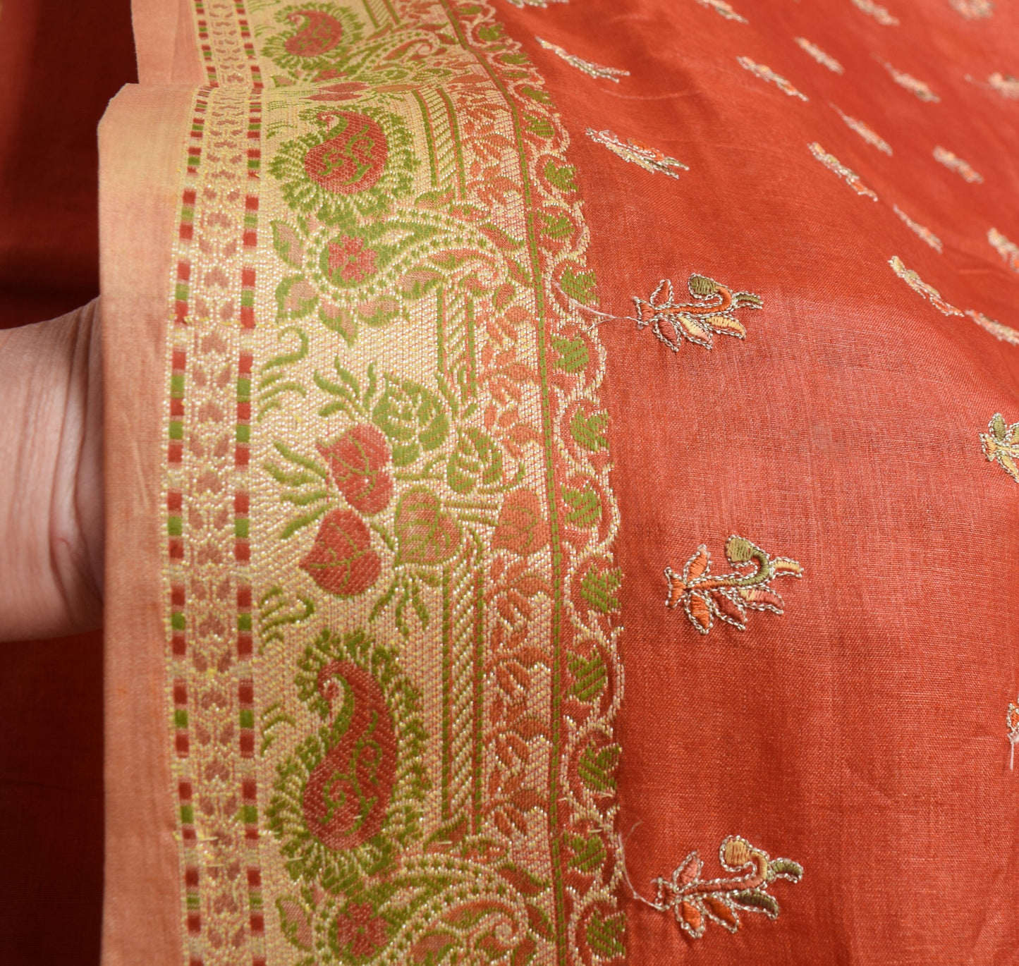 Sushila Vintage Pure Tussar Silk Saree Woven Embroidered Rust Indian Sari Fabric