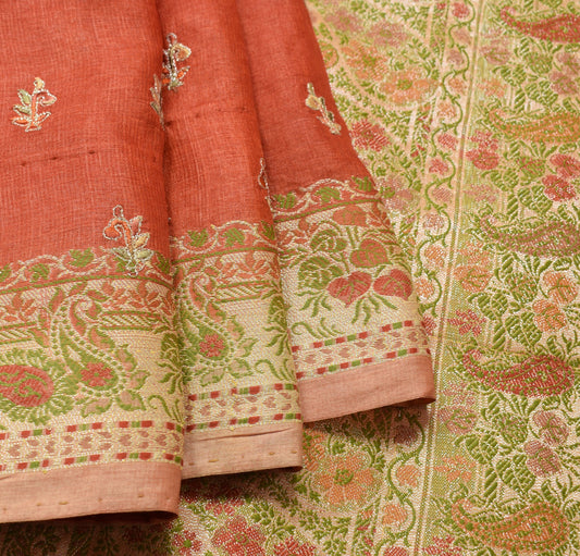 Sushila Vintage Pure Tussar Silk Saree Woven Embroidered Rust Indian Sari Fabric