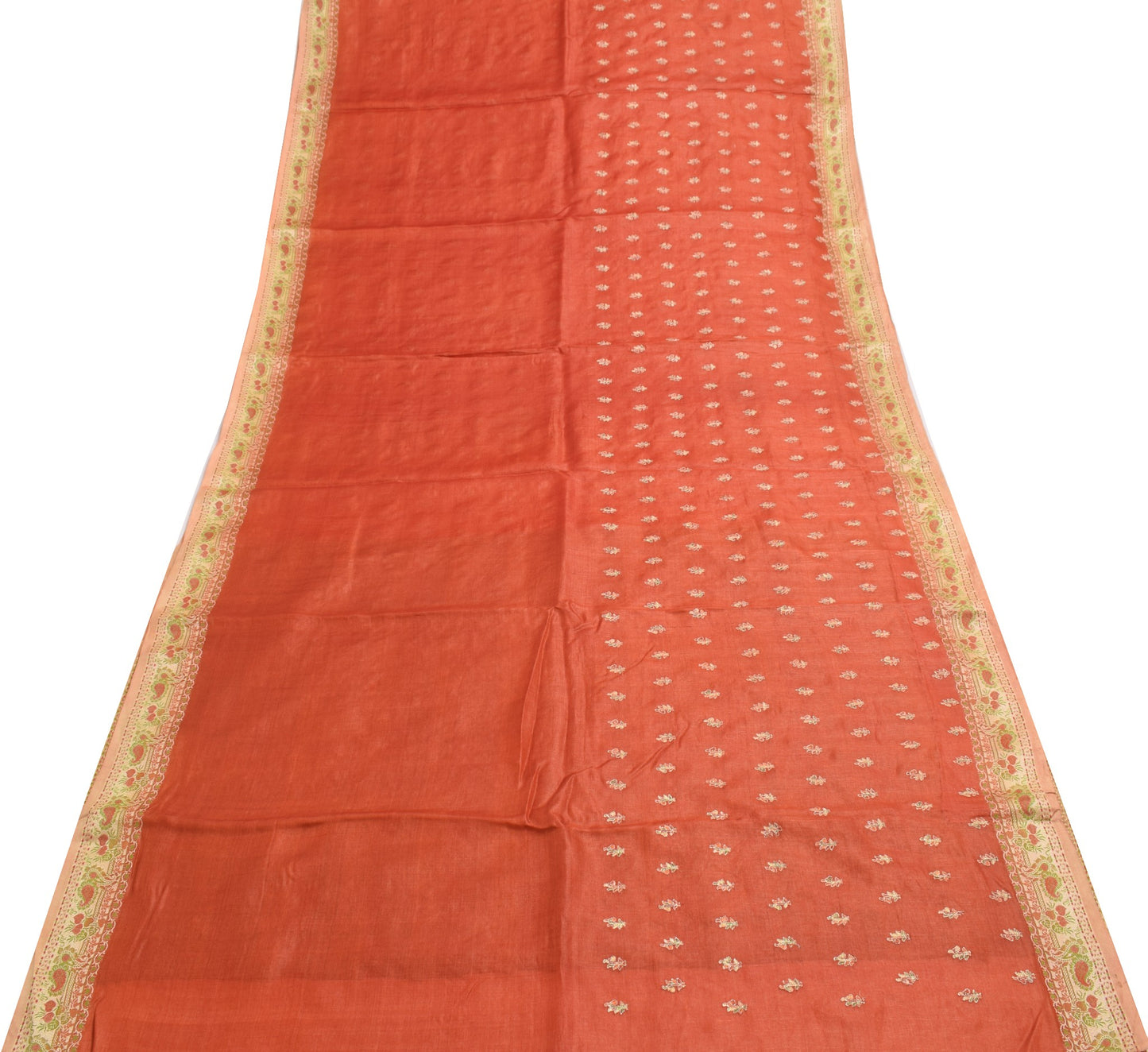 Sushila Vintage Pure Tussar Silk Saree Woven Embroidered Rust Indian Sari Fabric