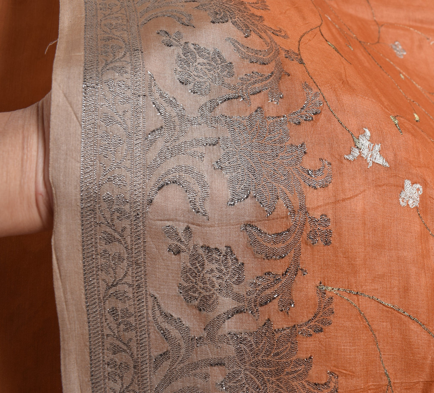 Sushila Vintage Rust Saree Pure Tussar silk Woven Embroidered Soft Sari Fabric